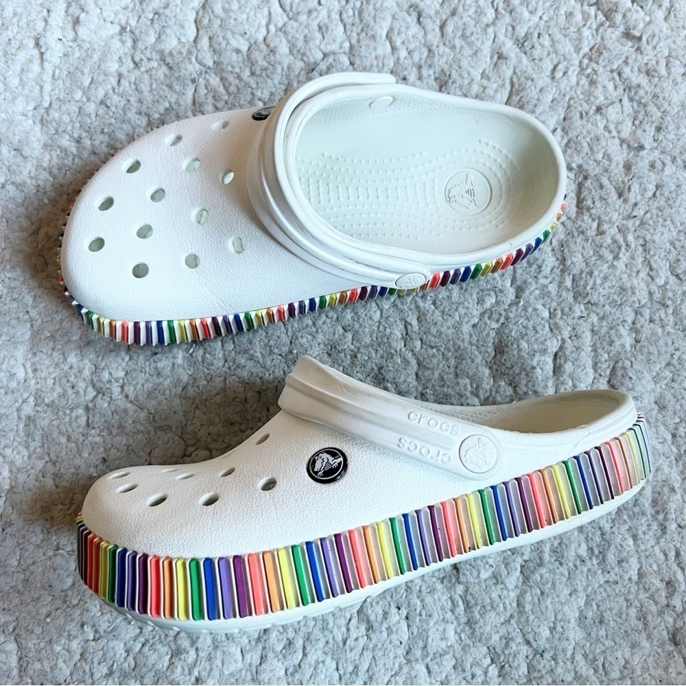 Crocs: Rare Unisex White Rainbow Crocband Slip On Clogs Mules